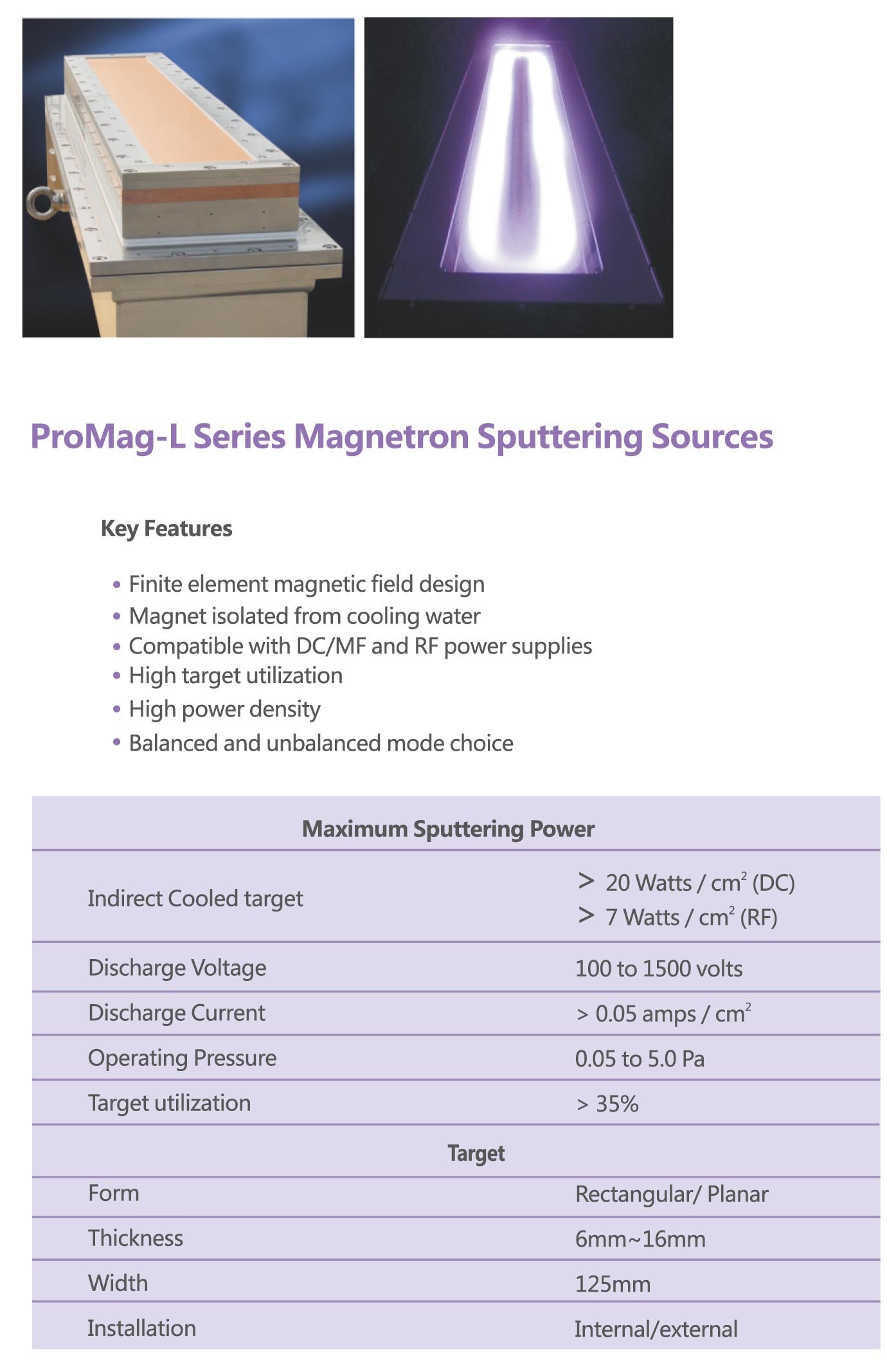 Magnetron Sputtering Sources, Planar Sputtering Cathodes, High utilization target.